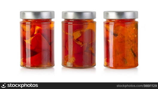 set of barbecue sauce in glass jars solated on white