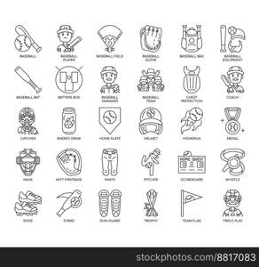 Set of Baseball Elements thin line icons for any web and app project.