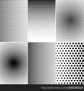 Set of basic halftone dots effects in black and white color. Dots halftones collage.