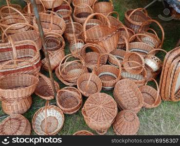 Set of baskets woven by hand and texture background