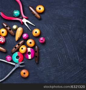 Set of beads for creativity. Set of stylish colorful beads for making ornaments.Copy space