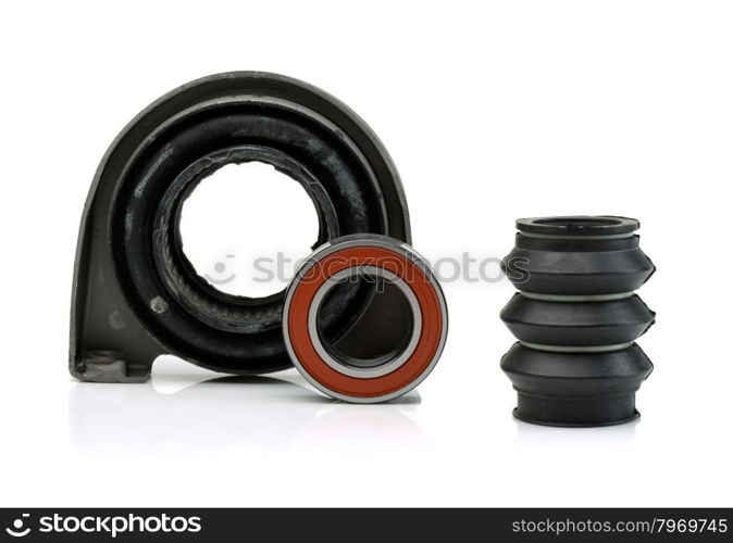 Set of bearing of the propeller shaft support bearing and shaft seal. Isolate on white.