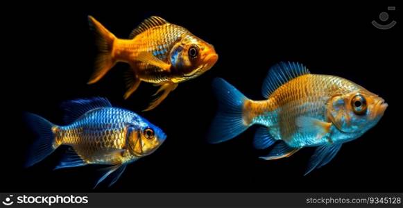 Set of beautiful golden fishes, isolated on black background. Collection of ocean inhabitants. Marine life. Undersea creatures. Underwater wildlife. Realistic fish. Generative AI. Set of beautiful golden fishes, isolated on black background. Collection of ocean inhabitants. Marine life. Undersea creatures. Underwater wildlife. Realistic fish. Generative AI.