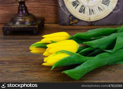 Set of Beautiful Yellow tulips on Wood Background. Beautiful Yellow tulips on Wood Background