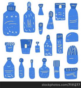 Set of beauty supplies. Hygiene vials, tubes and packages in flat style. Vector illustration.