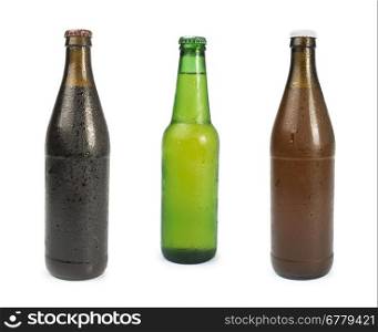 Set of Beer bottles isolated studio shot. Green and brown bottles
