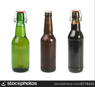 Set of Beer bottles isolated studio shot. Green and brown bottles