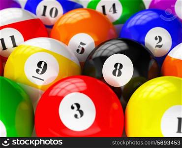 Set of billiard american pool balls close up