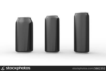 Set of black aluminum cans isolated on white with clipping path, packaging for soft drink, juice, water and beverage&#xA;