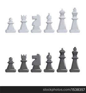 Set of black and white chess pieces. Chess game characters in a row.. Set of black and white chess pieces.