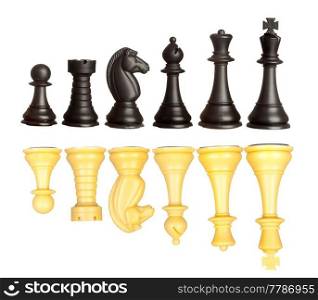 Set of black and white chess pieces isolated on a white background