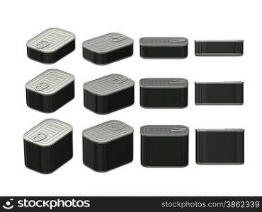 Set of black rectangle tin cans in various sizes . General can packaging with black blank label for variety food product ,ready for your design or artwork, clipping path included&#xA;