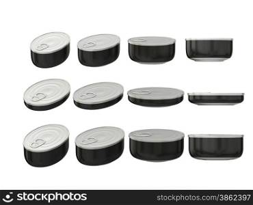 Set of black round bottom oval tin cans in various sizes . General can packaging with black blank label for variety food product ,ready for your design or artwork, clipping path included&#xA;