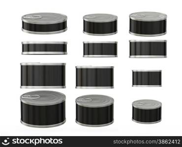 Set of black short cylindrical tin cans in various sizes . General can packaging with blank black label for variety food product ,ready for your design or artwork, clipping path included&#xA;