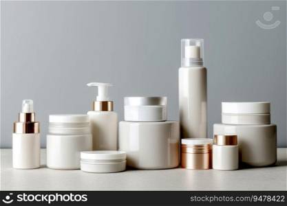 Set of blank cosmetic bottles close-up on white background. Generative AI