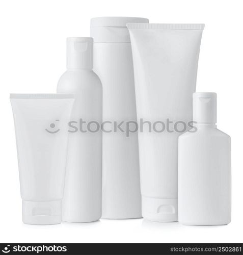 Set of blank white plastic cosmetics bottles isolated on white background
