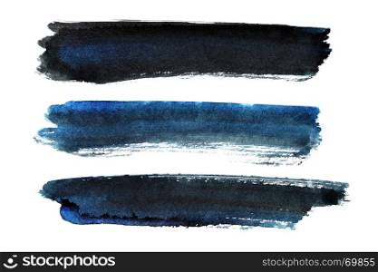 Set of blue-black brush strokes isolated on the white background