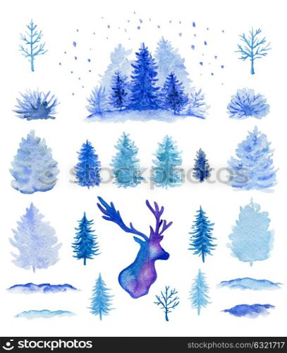 Set of blue hand drawn watercolor Christmas design elements on a white background.