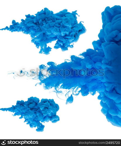 Set of blue ink clouds pouring in water isolated on white background