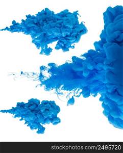 Set of blue ink clouds pouring in water isolated on white background