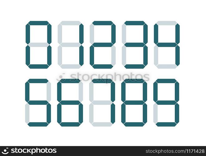 Set of blue retro digital clock electronic numbers isolated on white. Set of blue retro digital clock electronic numbers on white