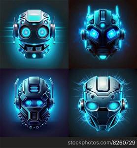 Set of blue robot heads on monochrome background. Icon for tech related web designs and projects. Generative AI. Set of blue robot Icon heads on black background. Generative AI