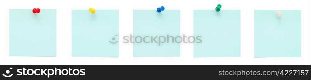 Set of blue sticky notes with push pins isolated on white background. Set of blue sticky notes with push pins on white background