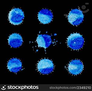 Set of blue watercolor stains. Blue watercolor labels and shapes. Abstract watercolor background. Blue watercolor splash. Watercolor colorful round spot.