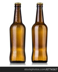 Set of Bottle of beer with drops and without drop[s on white background.