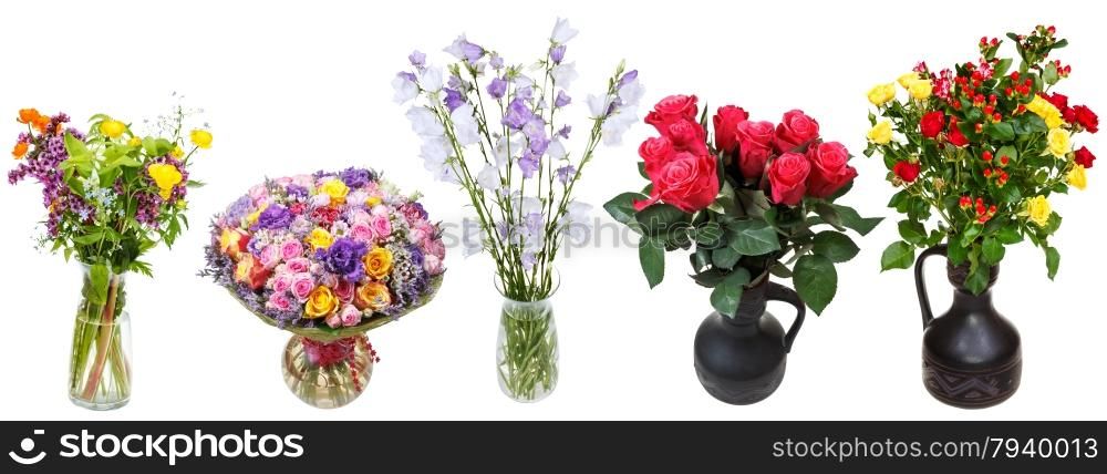 set of bouquets of flowers in vases isolated on white background