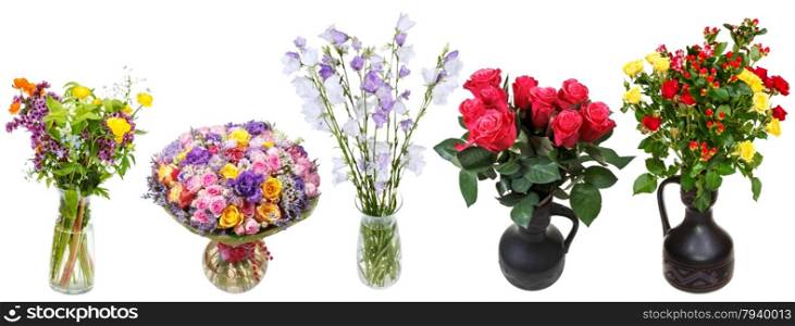 set of bouquets of flowers in vases isolated on white background
