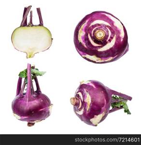 set of bulbs of ripe fresh purple kohlrabi isolated on white background