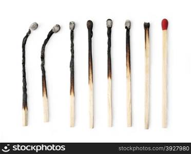 Set of burnt match at different stages isolated on white background. with clipping path