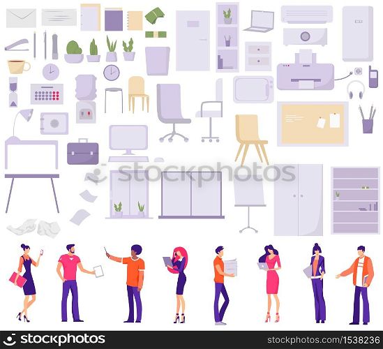 Set of business characters working in office and objects Office interior constructor with cartoon plants, office furniture, laptops, decorations and other elements.. Set of business characters working in office and objects