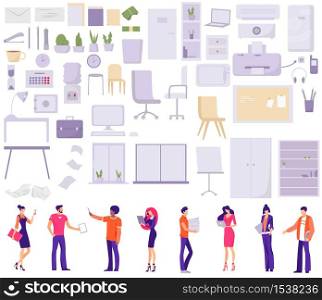 Set of business characters working in office and objects Office interior constructor with cartoon plants, office furniture, laptops, decorations and other elements.. Set of business characters working in office and objects