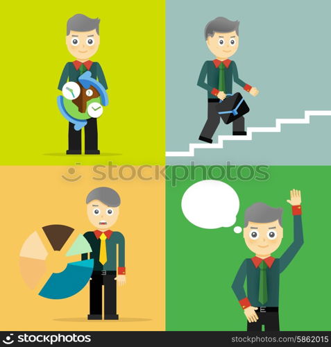 Set of businessman pose character concepts. Step, world, office and charts. Flat design