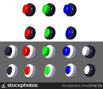 Set of buttons 3D isolated on white and neutral tones under selected .(Position on/off)Different color decisions with patches of light on a surface.