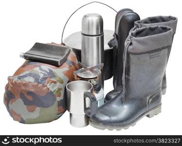 set of camping accessories with gumboots, pot, thermos, flask, can, sleeping bag, gas burner isolated on white background