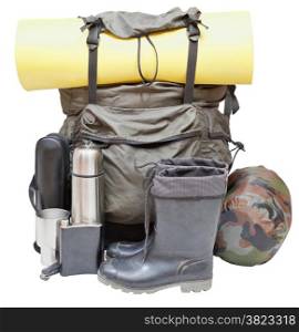 set of camping equipment with backpack, rolled sleeping pad, boots, thermos, knife, flask, can, sleeping bag isolated on white background