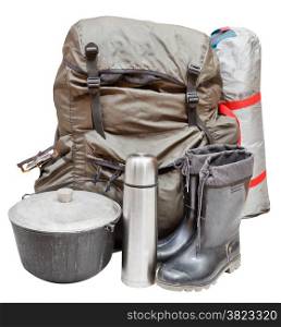 set of camping equipment with backpack, tent, pot, rubber boots, thermos, gas burner isolated on white background