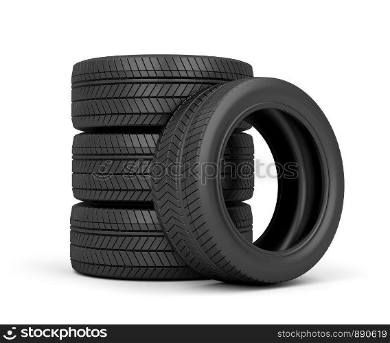 Set of car tires on white background