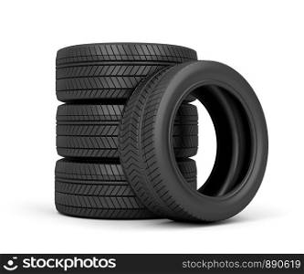 Set of car tires on white background