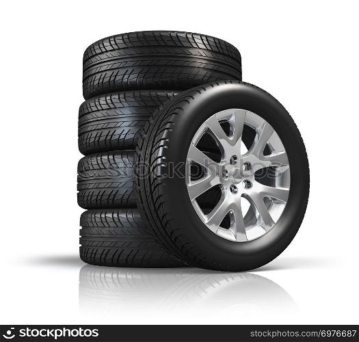 Set of car wheels isolated on white background with reflection effect