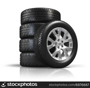 Set of car wheels isolated on white background with reflection effect