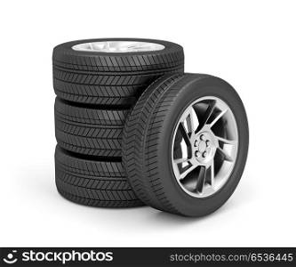 Set of car wheels on white background