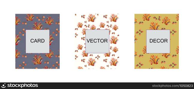 Set of cards with seamless fall leaves and acorns pattern. Autumn endless design banner template. Vector illustration.. Set of cards with seamless fall leaves pattern