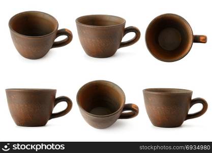 Set of ceramic cups with different camera angles isolated on white background. Clipping path.