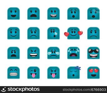 Set of chamfered square icons in different emotions and moods.