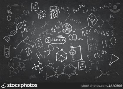 Set of chemistry sketches. Background image with chemistry lesson drawings on chalkboard