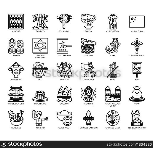 Set of China symbol thin line and pixel perfect icons for any web and app project.